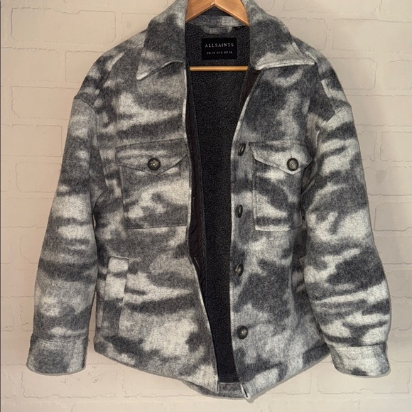 ALL SAINTS jacket Fenix Gray Camo Wool Blend Jacket Size 6 US - Picture 2 of 7